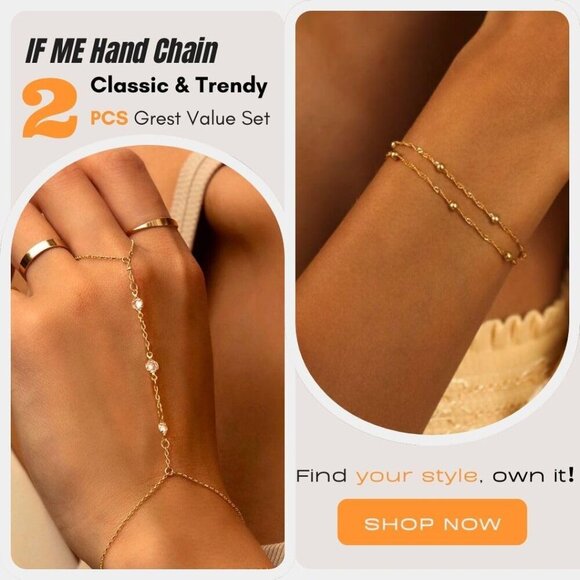 Gold Hand Chain Bracelets for Women 14k Gold Plated Adjustable 2 Pcs - Picture 2 of 9